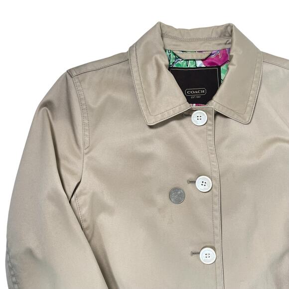 COACH Women's XS Khaki Trench Cotton Coat Floral Lined Classic - Picture 4 of 8